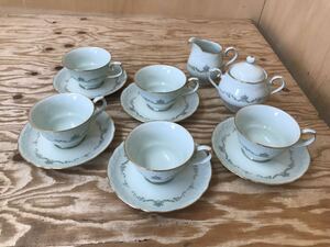 mJ 80 セラドン チャイナ ノリタケ カップ&ソーサー シュガーポット ミルクポット Noritake Celadon CHINA ※外箱なし、汚れあり