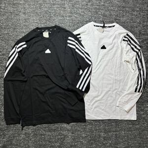 1円~ Msize アディダス 長袖 Tシャツ 2枚セット ブラック ホワイト ライン 3ストライプ アイコンロゴ adidas スポーツ ロンT 人気 アイコン