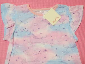 新品 130 ユニコーン柄 半袖Tシャツ ピンク 紫 袖フリル 星座柄 グラデーション かわいい 子供 小学生 女の子 夏物 120cm〜 双子 送料無料