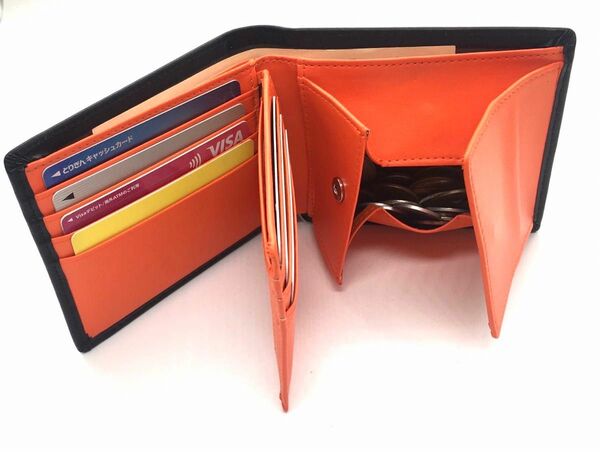 沢山入る折り財布☆ 内装：橙 本革 メンズ レディース 小銭入れ カードケース