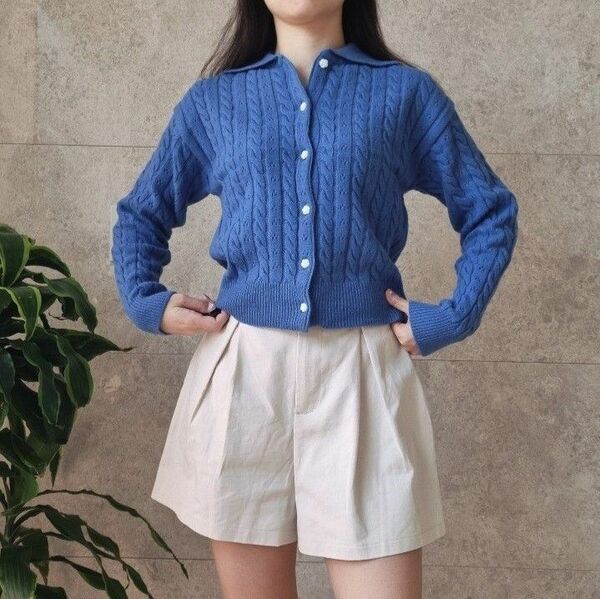 韓国ファッション　カーディガン　ブルー　ケーブル編み