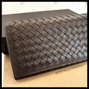 ★【極美品！希少！】 BOTTEGA VENETA ボッテガヴェネタ イントレチャート 二つ折り長財布 ラウンドファスナーダークブラウン 定価7.8万 ★