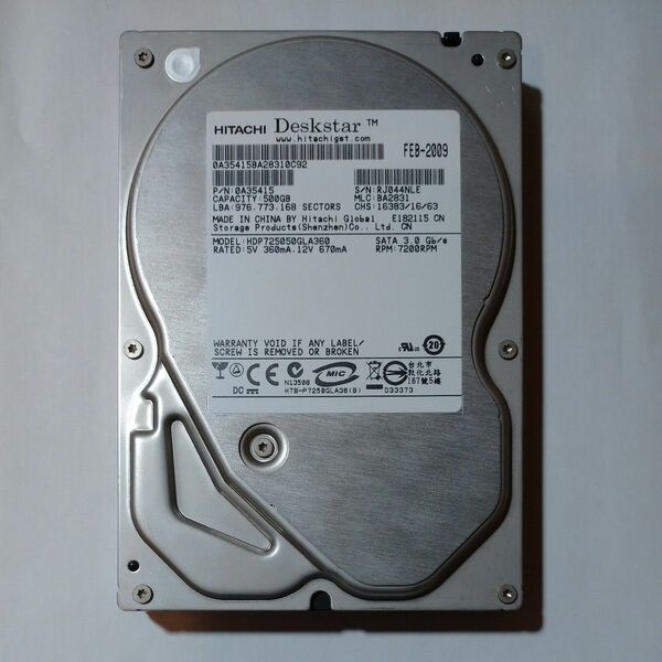 HDD HITACHI HDP725050GLA360 500GB 使用時間5987時間