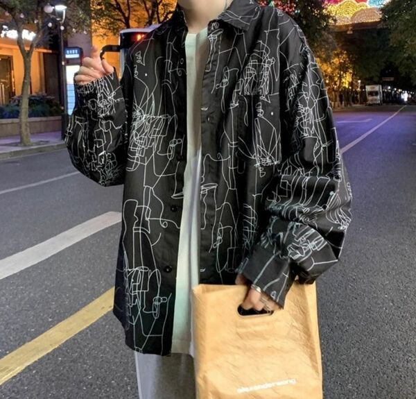 【送料無料】　カジュアルシャツ　羽織　ストリート　オーバーサイズ　黒　L　メンズ