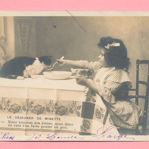 猫と子供(7)F81◆少女 少年 女性 ねこ ネコ アンティークポストカード フランス ドイツ ベルギー イタリア イギリス ビンテージ 外国絵葉書の画像2