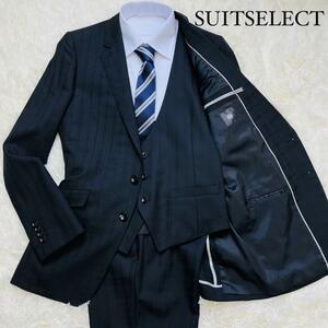 美品/シルク/希少XXL/スーツセレクト◎SUIT SELECT ビジネススーツ スリーピース 3ピース ブラック 黒 チェック ウール 3L 2XL Y8