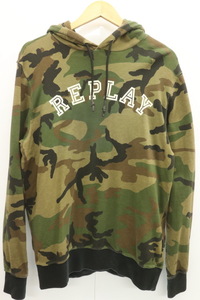 【中古】REPLAY メンズパーカー L CAMO プリント パーカー REPLAY L カーキ 迷彩 カモフラージュ