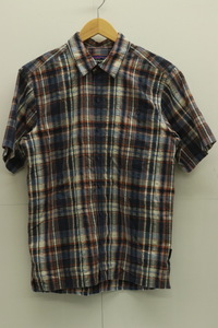 【中古】patagonia メンズ半袖シャツ S M’s Puckerware Shirt patagonia S 白 ホワイト 紺 ネイビー オレンジ 橙 チェック