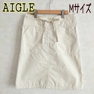 AIGLE　エーグル★綿麻　ひざ丈台形スカート　オフホワイト　白　春夏アウトドア　M