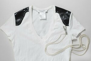 Christian Dior ◆ パール付き 切替 カットソー 白 サイズ38 Vネック Tシャツ フランス製 クリスチャンディオール 国内正規品 ◆K2K