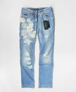  unused DOLCE&GABBANA * flower patch &biju- equipment ornament Denim pants indigo size 38 crash jeans Dolce & Gabbana 32/K2K