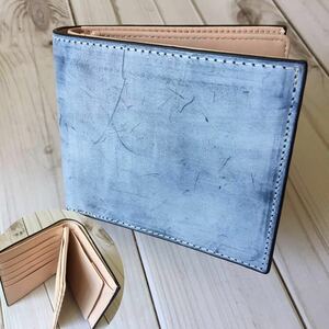 新作品 ブルー系　ハンドメイド 新品 ブライドレザー ヌメ革/本革 メンズ 二つ折り財布/小銭入れあり 人気商品