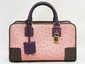 中古・美品【LOEWE ロエベ】オーストリッチ アマソナ28 ピンク×パープル×ブラウン ハンドバッグ