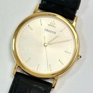 A) SEIKO セイコー CREDOR クレドール 3針 クォーツ 腕時計 8J81-0AC0 18KT 腕回り最大約17cm 革ベルト 電池交換済 稼働品 中古 現状渡し