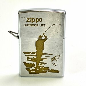 A) Zippo ジッポ OUTDOOR LIFE 釣り人 シルエット モチーフ G/XIV 三角カン付き 火花〇 喫煙グッズ 中古 USED 現状渡し