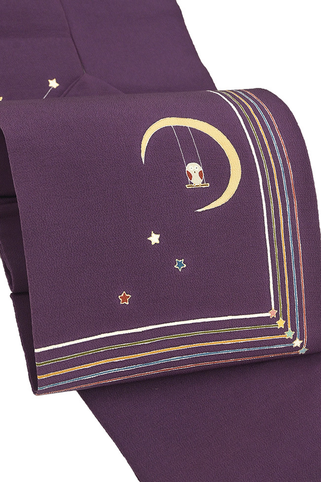 Kimono Daiyasu SALE265 ■ Nagoya obi ■ Crepe dyed obi Hand-painted Yuzen Crescent moon owl swing star Purple dark blue Autumn pattern [Free shipping] [Used], band, Nagoya obi, Tailored