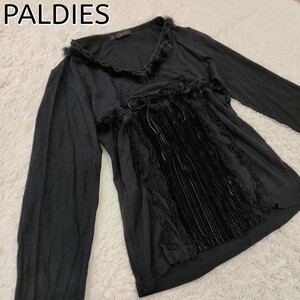 【高級】PALDIES パルディーズ☆アンゴラ混ラビットファー付カットソー　M　ブラック　ベロア＆レース　レディース トップス BLACK 黒