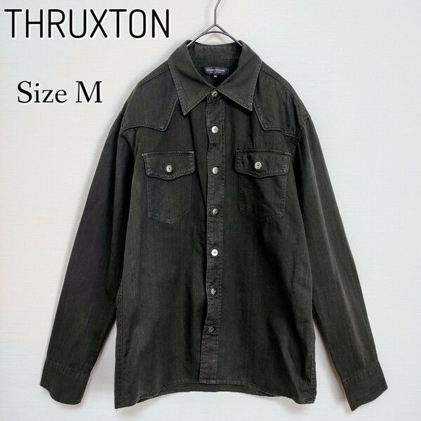 THRUXTON スラクストン☆メタルボタン付シャツ　Mサイズ　BLACK ブラック 黒　キレイめカジュアル　ダブルポケット 長袖