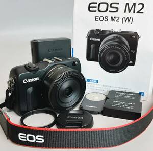 通電OK 良品 キャノン EOS M2 ミラーレスデジタルカメラ ブラック フィルター バッテリー 充電器 リモコン 取説 純正ストラップ付き