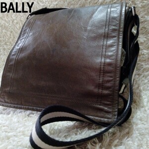 １円〜　BALLY バリー　ショルダーバッグ　フラップ　ストライプ　レザー　本革　スイス製　メンズ　ビジネス　カーキ　メッセンジャー