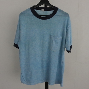 O398 80sビンテージ 半袖Tシャツ■1980年代製 Mサイズぐらい ブルー リンガーTシャツ ポケT アメカジ ストリート 古着 古着卸 激安 希少