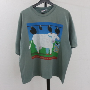 K351 90sビンテージ Cows 半袖Tシャツ■1990年代製 表記XLサイズ 古着 アメカジ ストリート リメイク アート アニマル グリーン 80s 70s 