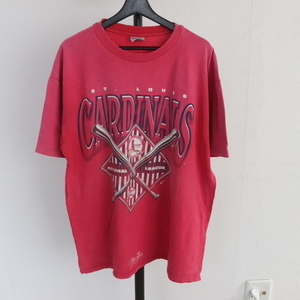 V415 90sビンテージ MLB カージナルス プリントTシャツ■1990年代製 表記XLサイズ レッド 古着 アメカジ ヘインズ トップス Hanes 80s