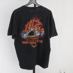 V423 2000年代製 ORANGECOUHTYCHOPPERS 半袖Tシャツ■00s 約Lサイズ フレイム モーターサイクル ファイヤーパターン 黒 ブラック 古着 激安