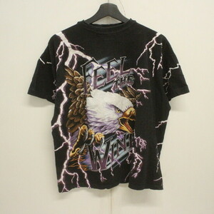 M279 90sビンテージ TOURCHAMP 半袖プリントTシャツ■1990年代製 表記Lサイズ 黒 イーグル サンダー アメカジ ストリート 古着 激安 80s