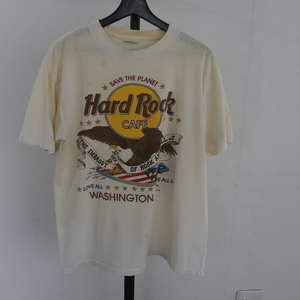 E312 90sビンテージ HardRockCAFE ロゴプリントTシャツ■1990年代製 表記Lサイズ USA製 イーグル ホワイト ハードロック 古着 古着卸