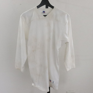 V339 80sビンテージ RUSSELL ラッセル Vネック フットボールTシャツ USA製■1980年代製 表記Sサイズ 白 ホワイト アメカジ 無地 古着卸 70s