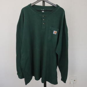 R345 2000年代製 CARHARTT カーハート 長袖Tシャツ■00s 表記3XLサイズ グリーン ヘンリーネック ポケットＴ アメカジ ストリート 古着 90s