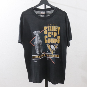 L326 90sビンテージ ONEITA NHL ペンギンズ プリントTシャツ USA製■1990年代製 表記Lサイズ 黒 ブラック アメカジ ストリート 古着卸 80s