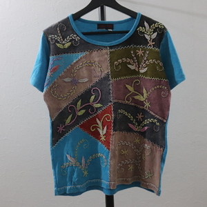 L335 2000年代製 RisingTide 半袖Tシャツ■00s 表記Mサイズ レディース ブルー 刺繍 パッチワーク 古着 アメカジ ストリート 古着卸 激安