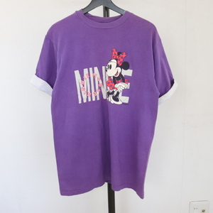 F390 90sビンテージ USA製 半袖DisneyTシャツ■1990年代製 表記Lサイズ ミニーマウス パープル 紫色 アメカジ ストリート 激安 古着 00s 