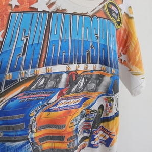 F415 2008年製 HASE NASCAR レーシング プリント 半袖Tシャツ■00s 表記Lサイズ ホワイト 古着 アメカジ トップス 総柄 ストリート 90sの画像7