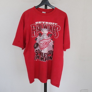 f264 90sビンテージ MIRO NHL レッドウイングス プリントTシャツ■1990年代製 表記XLサイズ 赤 レッド アメカジ ストリート アンティーク