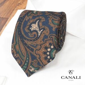 1円/CANALI/ネクタイ しっとりウール100％ ペイズリー柄プリント イタリア製 ハンドメイド 新品/紺×茶/hb627/