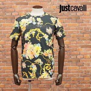 1円/Just cavalli/Lサイズ/訳 丸首Tシャツ ジャージー伸縮 花 総柄プリント レトロ ストリート 半袖 新品/黒/ブラック/id226/