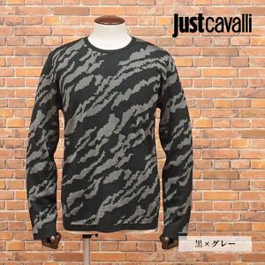 1円/春夏/Just cavalli/XLサイズ/丸首サマーニット なめらか ジャガード 迷彩柄 イタリア製 ワイルド ちょいワル 新品/黒×グレー/id208/