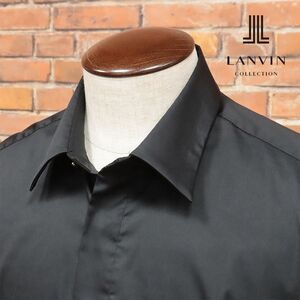 1円/LANVIN COLLECTION/50サイズ/訳 日本製シャツ なめらか光沢 ストレッチ 比翼ボタン BIGシルエット 上品 長袖 新品/黒/ブラック/ib161/