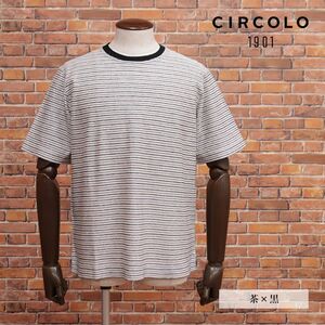 23春夏/CIRCOLO 1901/XLサイズ/清涼Tシャツ CN3978 さっぱり鹿の子ジャージー ボーダー柄 クルーネック 半袖 新品/茶×黒/ib259/