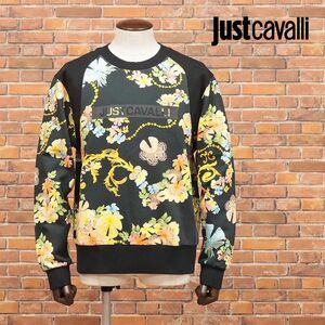 1円/Just cavalli/Lサイズ/丸首トレーナー スウェット快適◎ 花柄 ロゴ レタード レトロ ストリート 新品/黒/ブラック/id223/