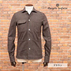 1円/Angelo inglese/50サイズ/イタリア製キューバ シャツ ヘリンボーン モール 鳥足縫い ダンディ 長袖 新品/茶色/ブラウン/hb386/