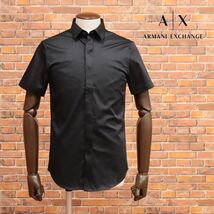 23春夏/A|X ARMANI EXCHANGE/Sサイズ/ドレス シャツ 8NZCBF 美艶ジャージー ロゴ刺繍 比翼 半袖 新品/黒/ブラック/ib266/_画像1