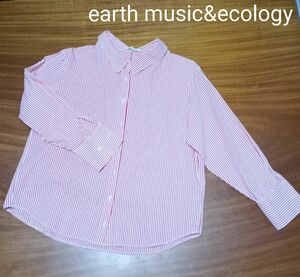 アースミュージックアンドエコロジー　ストライプシャツ　レディース　七部袖　リボン　サイズフリー ボタンシャツ トップス