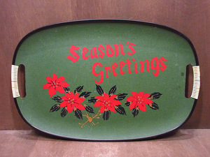 ビンテージ~70's●Season's greetings花プリントトレイ●240317i7-bxsお盆トレー60sクリスマス年末年始メッセージ和風