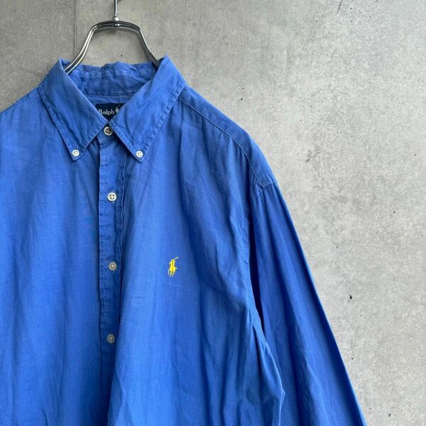 90年代 Ralph Lauren リネン BDシャツ ワンポイント ブルー