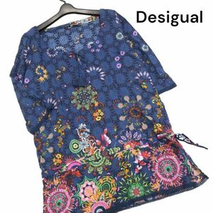 Desigual デシグアル 花柄 総柄デザイン♪ 春夏 7分袖 レーヨン チュニック ブラウス Sz.L　レディース　K4T00307_3#D