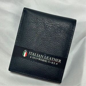 イタリア革　二つ折財布　小銭入れ　福財布　プレゼント 二つ折り財布 ブラック ウォレット 黒